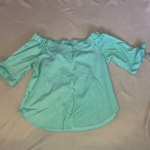HAUTE PROJECT XL Green & White Striped, Off the Shoulder, Cotton Blend Top